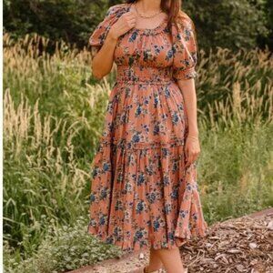 Ivy City Co Rust and Blue Floral Midi Dress